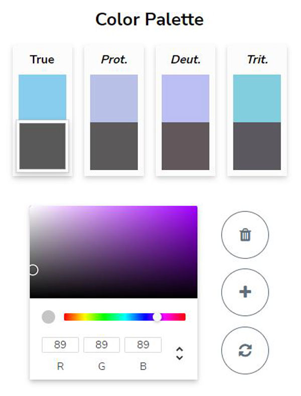 Rendu donné pour un gris et un bleu, dans les différents types de daltonisme.